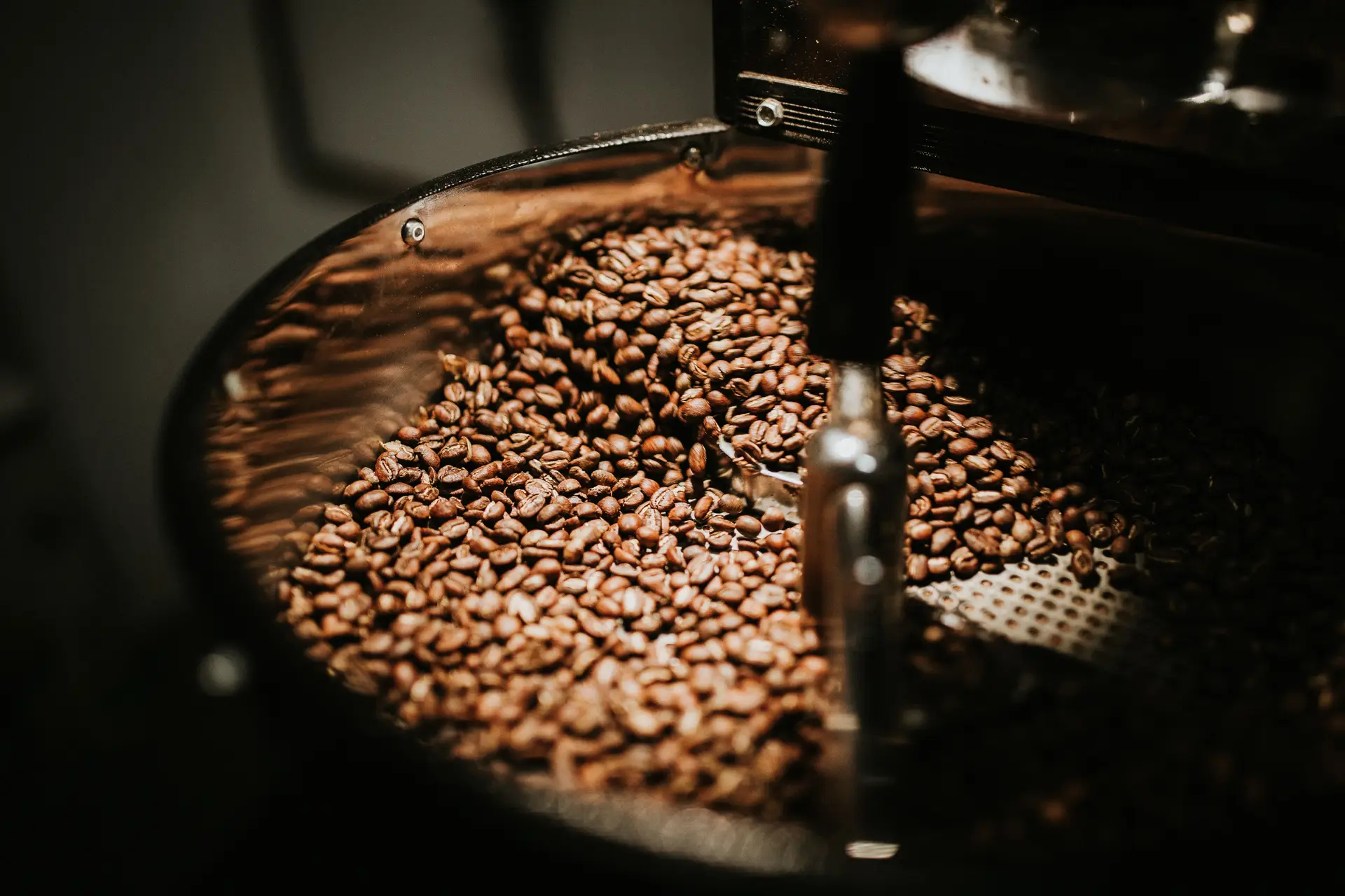 Frisch geröstete Kaffeebohnen in einer Trommelröstmaschine